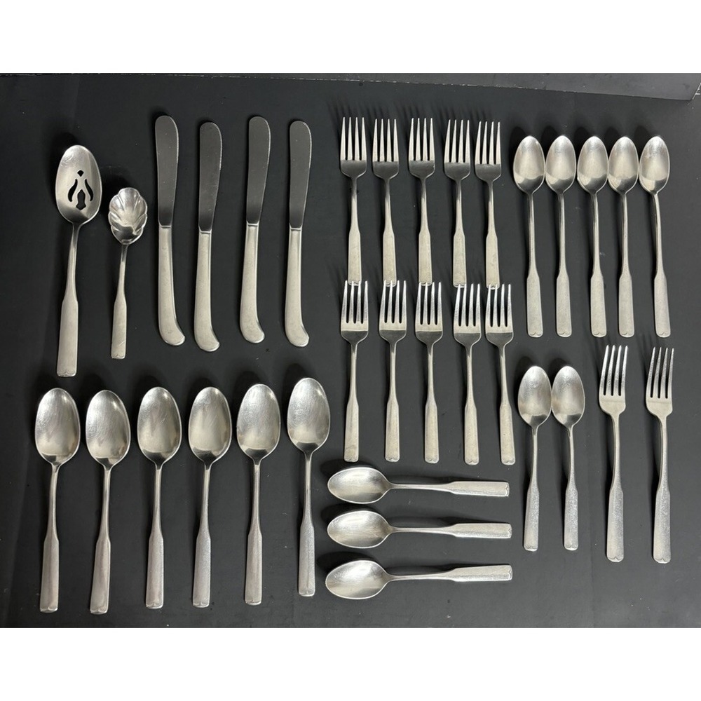 34 International Colonial Scroll Pieces Stainless Mark II Forks Knives Spoons